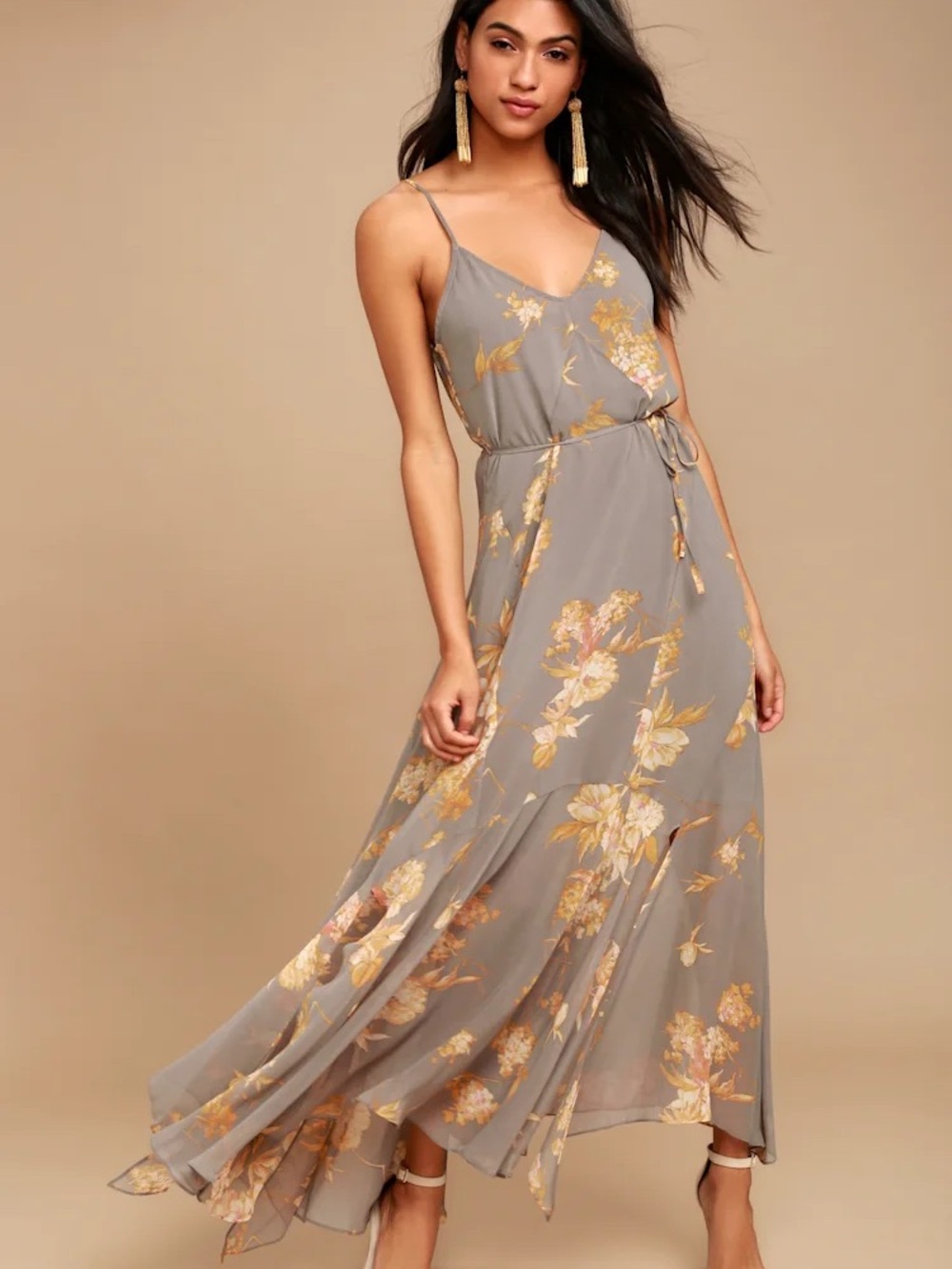 Lulu's Gray Maxi Slip Dress with Gold Floral Print